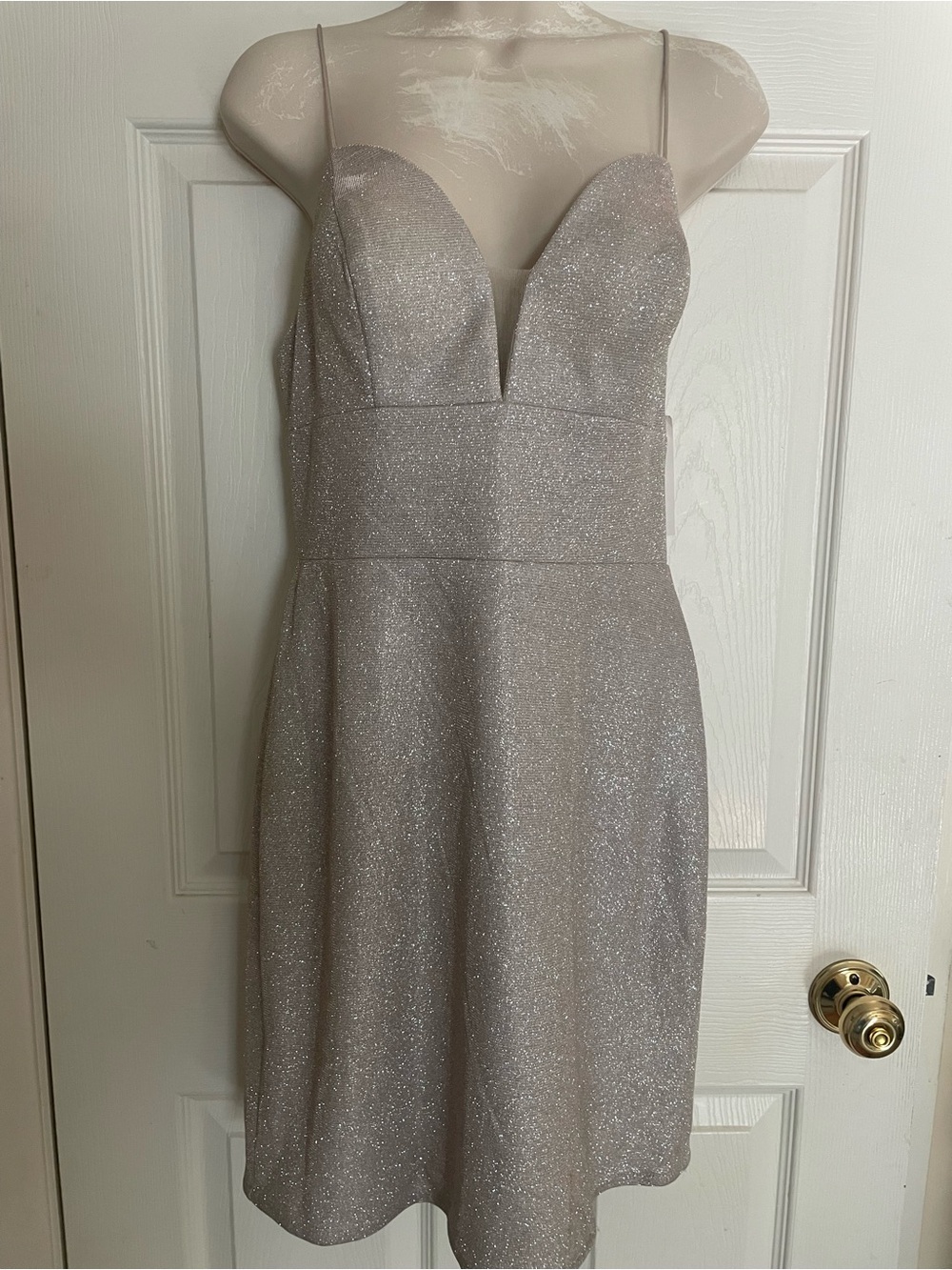 NWT GB Sparkle Plunge-Neck A-Line Dress in Champagne